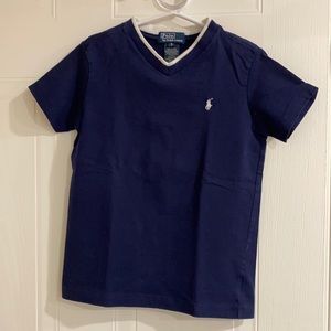 Boys size 5 v neck top, navy with white trim